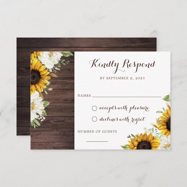 Floral Rustic Wood Sunflowers Greenery Barn RSVP Invitation (Front/Back)