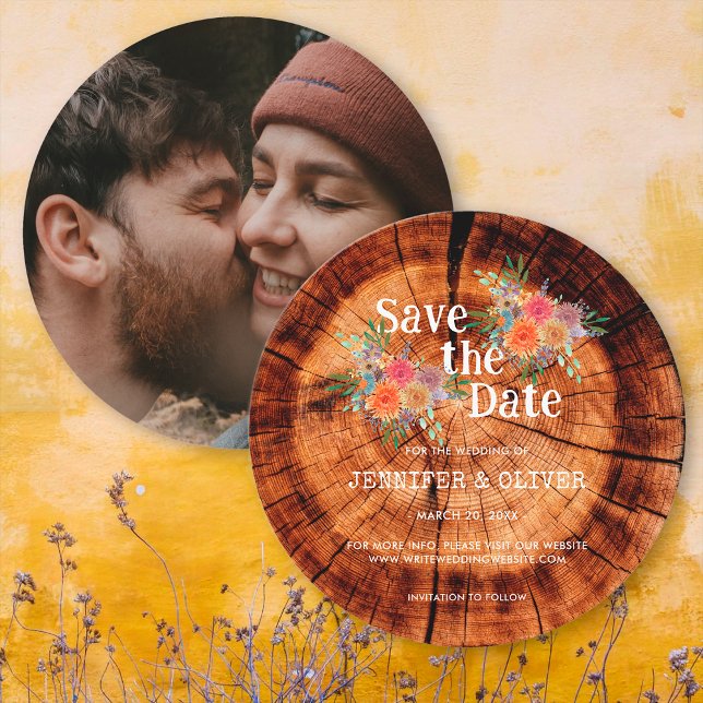 Floral Rustic Wood Tree Bark Wedding Photo Save The Date (Front/Back)