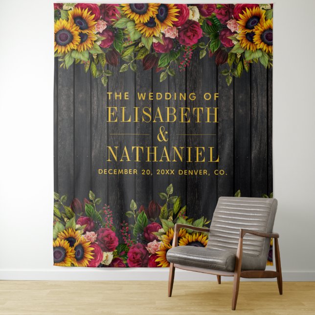 Floral rustic wood wedding photo booth backdrop tapestry (In Situ)