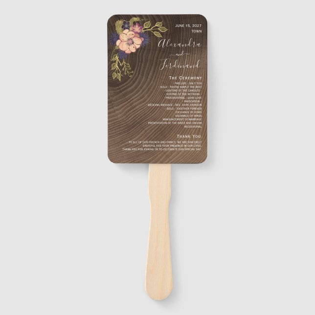Floral Rustic Wood Wedding Program Hand Fan (Front)
