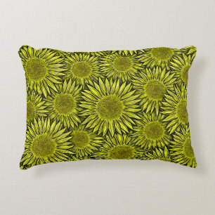 Floral Rustic Yellow Sunflower Hand Drawn Accent Pillow