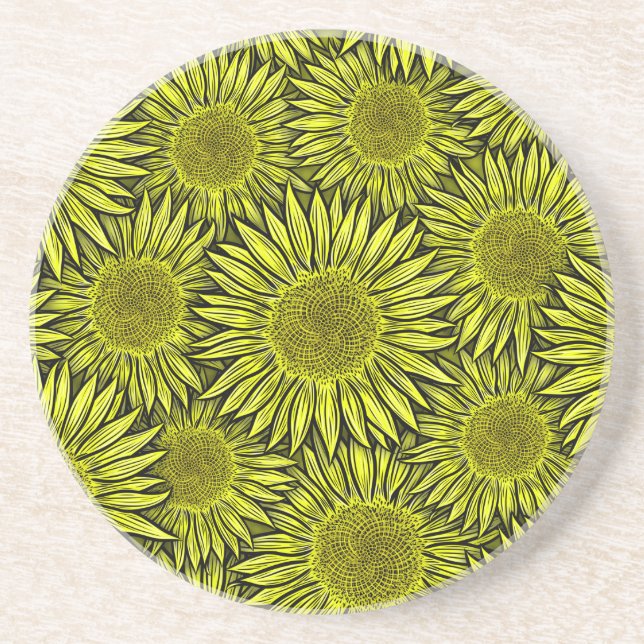 Floral Rustic Yellow Sunflower Hand Drawn Coaster (Front)