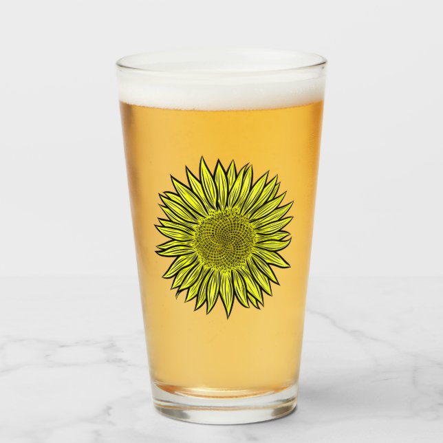 Floral Rustic Yellow Sunflower Hand Drawn Glass (Front Filled)
