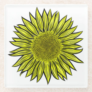 Floral Rustic Yellow Sunflower Hand Drawn Glass Coaster