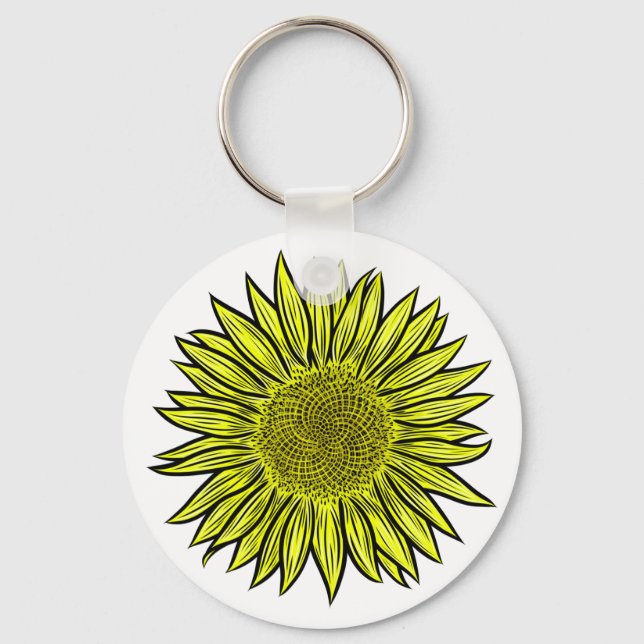 Floral Rustic Yellow Sunflower Hand Drawn Keychain (Front)