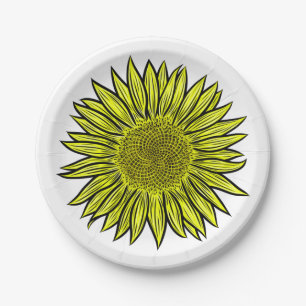 Floral Rustic Yellow Sunflower Hand Drawn Paper Plate