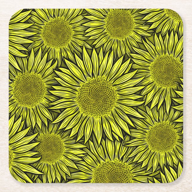 Floral Rustic Yellow Sunflower Hand Drawn Square Paper Coaster (Front)