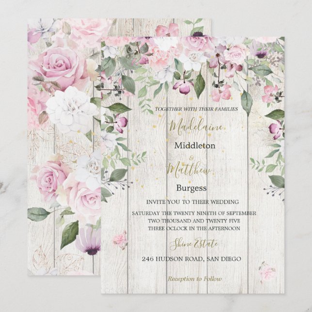 Floral Rustique Faire-part de mariage rose or bois (Devant / Derrière)