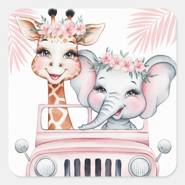 Floral Safari Adventure Pink Girl Baby Shower Square Sticker (Front)