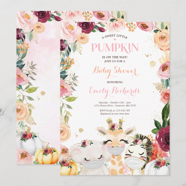 Floral Safari Animals Fall Pumpkin Baby Shower Invitation (Front/Back)