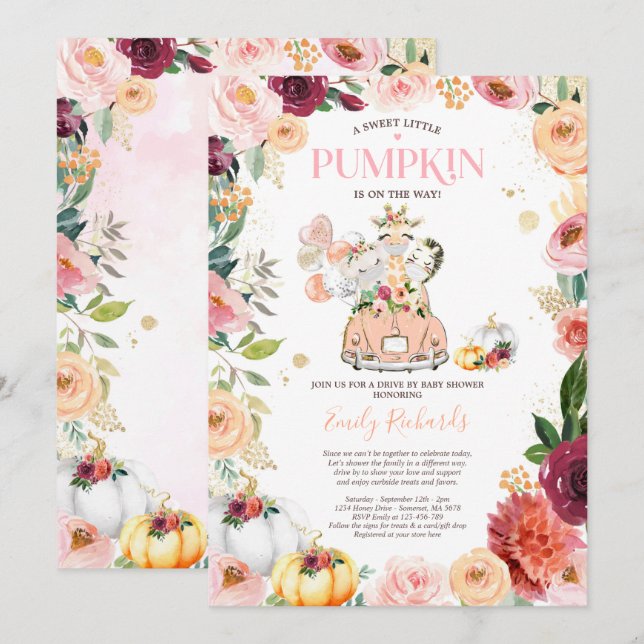 Floral Safari Animals Pumpkin Drive By Baby Shower Invitation (Front/Back)