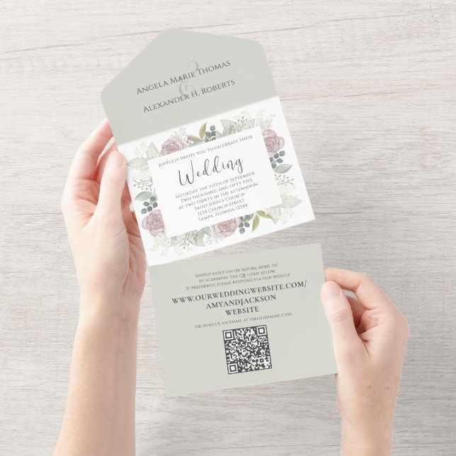 Floral Sage Dusty Rose Classic Greenery QR Code All In One Invitation (Tearaway)