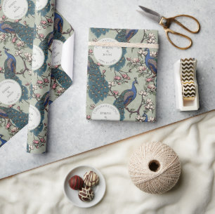 Floral Sage Engagement Peacocks Wrapping Paper