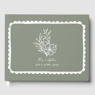 Floral Sage Green Bouquet Scalloped Wedding Guest Book