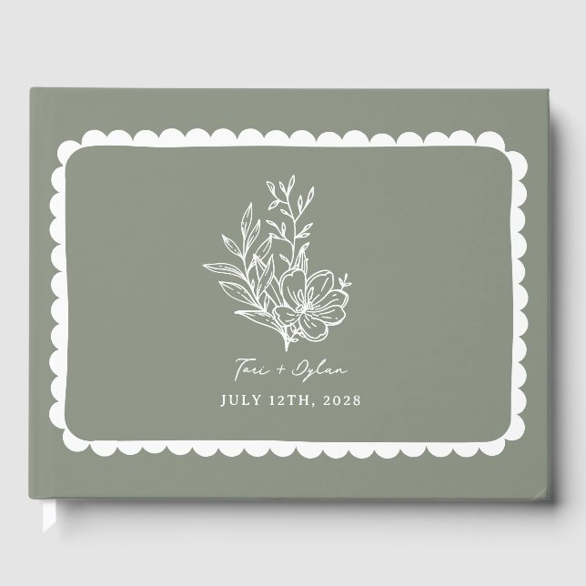 Floral Sage Green Bouquet Scalloped Wedding Guest Book (Front)