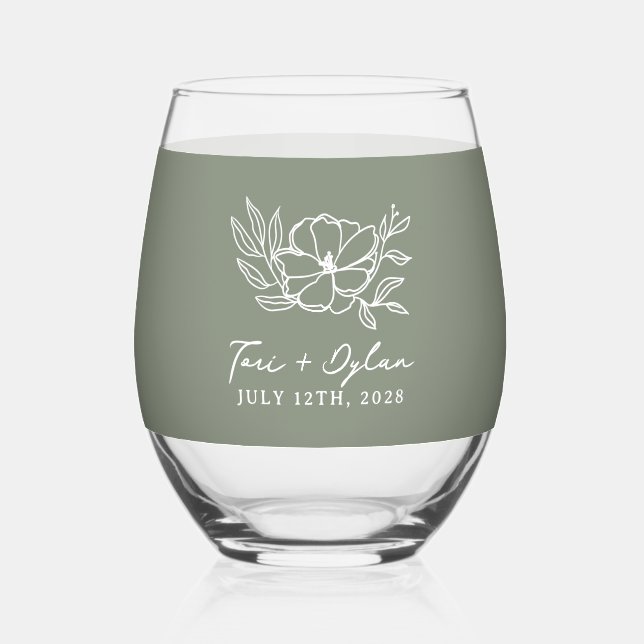 Floral Sage Green Bouquet Wedding Stemless Wine Glass (Front)
