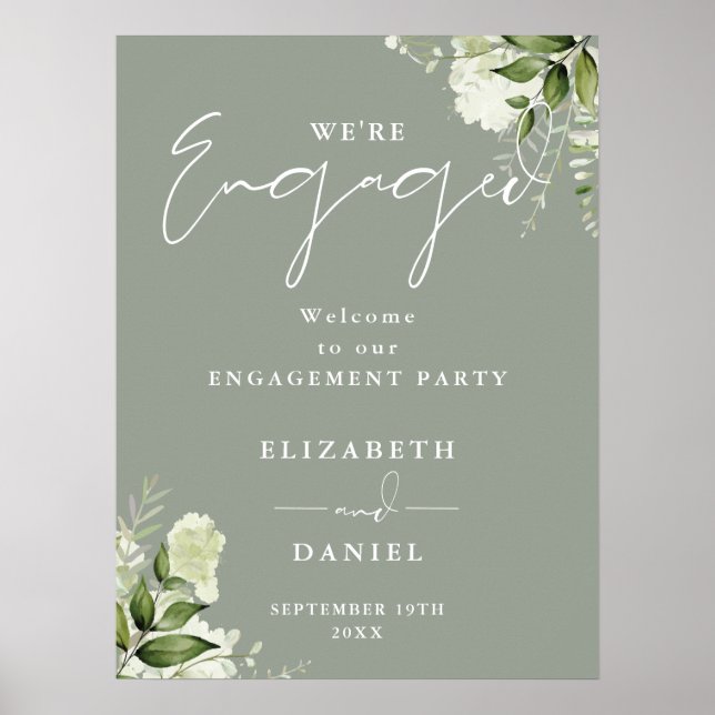 Floral Sage Green Engagement Party Welcome Sign (Front)