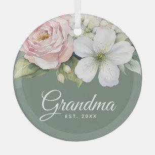 Floral Sage Green Establishment Date New Grandma Glass Ornament