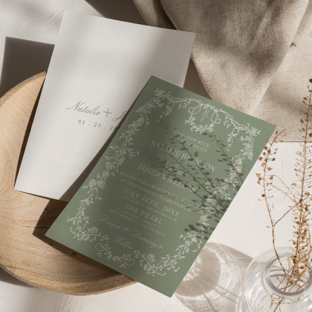 Floral Sage Green Garden Monogram Boho Wedding Invitation (Creator Uploaded)