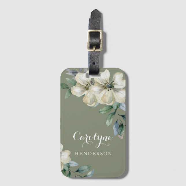 Floral Sage Green Luggage Tag (Front Vertical)