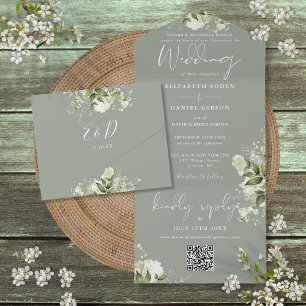 Floral Sage Green QR Code Formal Wedding All In One Invitation