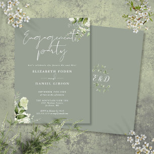 Floral Sage Green Script Engagement Party Invitation