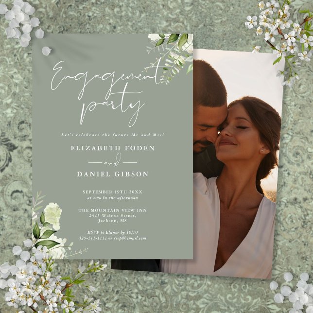 Floral Sage Green Script Photo Engagement Party Invitation (Floral Sage Green Script Photo Engagement Party Invitation)