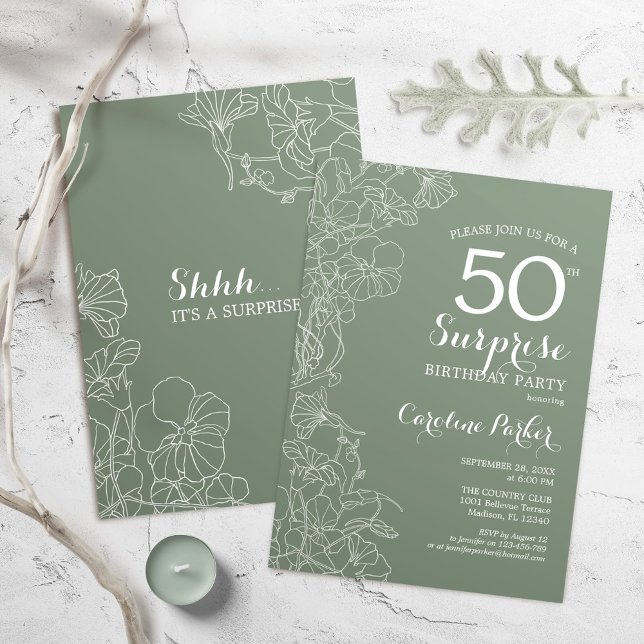 Floral Sage Green Surprise 50th Birthday Party Invitation (Creator Uploaded)