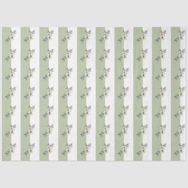 Floral Sage Green Tan Stripes Tissue Paper (Front)