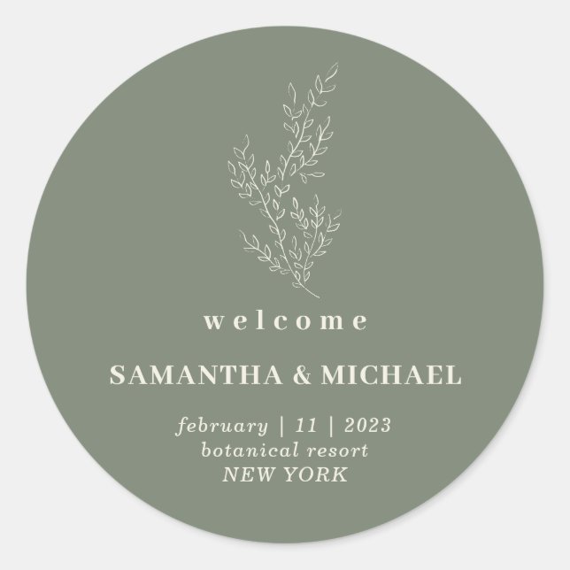 Floral Sage Ivory Welcome Wedding Elegant Autumn Classic Round Sticker (Front)