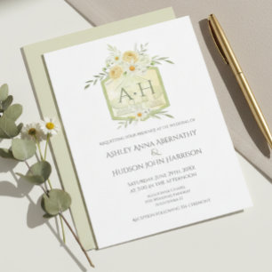Floral Sage Watercolor Monogram Crest Wedding  Invitation