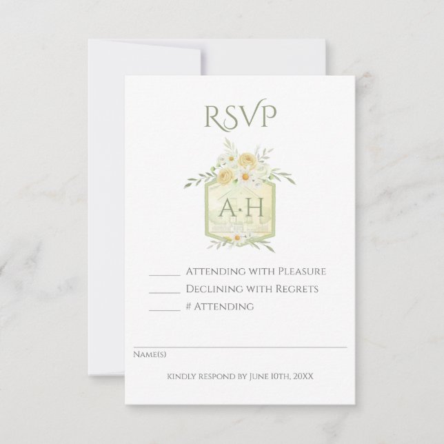 Floral Sage Watercolor Monogram Crest Wedding  RSVP Card (Front)