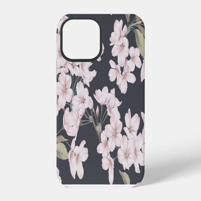 Floral sakura, dark grey, seamless pattern. iPhone case (Back)
