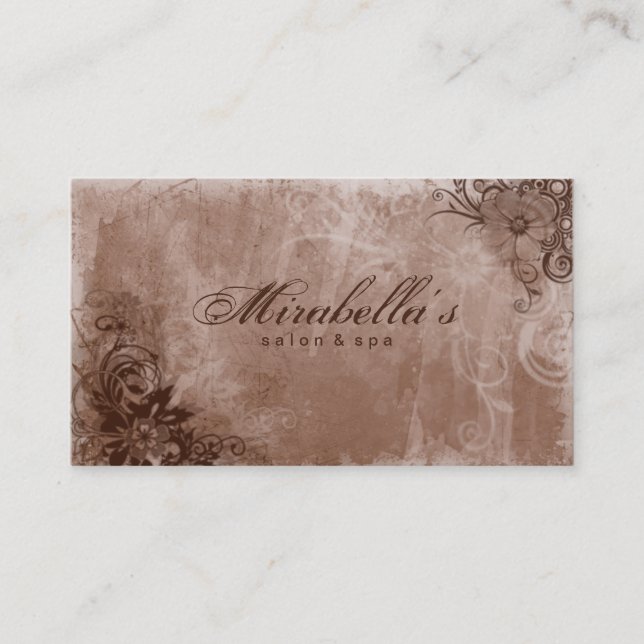Floral Salon Spa Business Card Grunge Brown Beige (Front)
