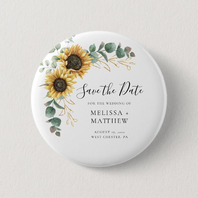Floral Save the Date Eucalyptus Sunflower 2 Inch Round Button (Front)