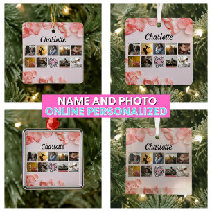 Floral Script Best Mom Ever Pink Photo Collage Ceramic Ornament