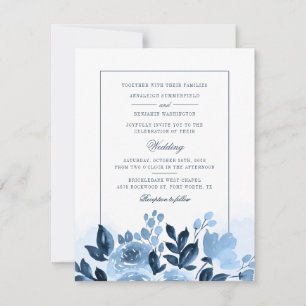 Floral Script Blue Watercolor Botanical Wedding Invitation