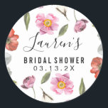 Floral Script Bridal Shower Classic Round Sticker<br><div class="desc">Floral Script Bridal Shower Stickers. Matching Items Available.</div>