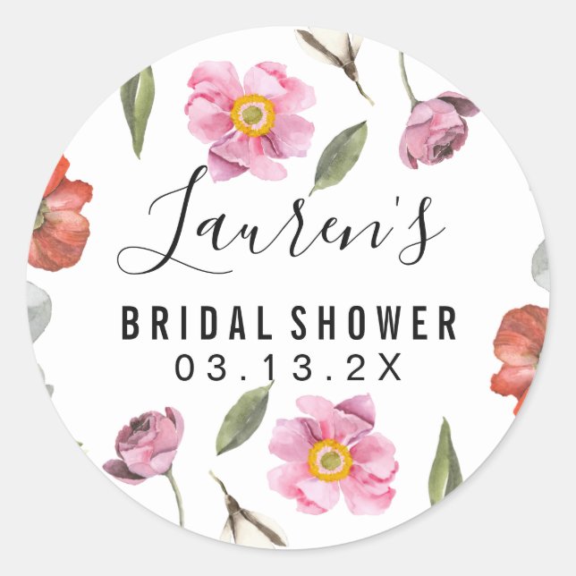 Floral Script Bridal Shower Classic Round Sticker (Front)