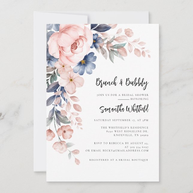 Floral Script Bubbly and Brunch Bridal Shower Invitation (Front)