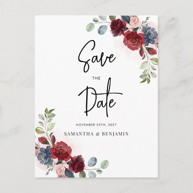 Floral Script Burgundy Wedding Save The Date Announcement Postcard (Front)