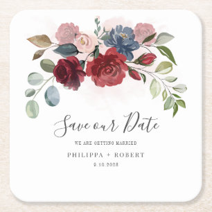 Floral Script Burgundy Wedding Save the Date Square Paper Coaster