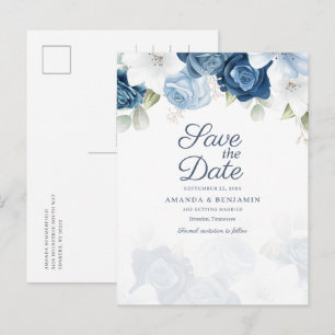 Floral Script Dusty Blue Wedding Save The Date Announcement Postcard