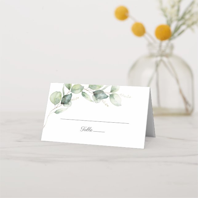 Floral Script Eucalyptus Greenery Wedding Place Card (Front)