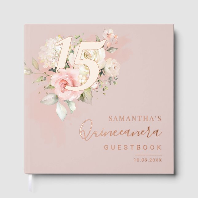 Floral Script Modern 15th Birthday Quinceanera Guest Book (Front)