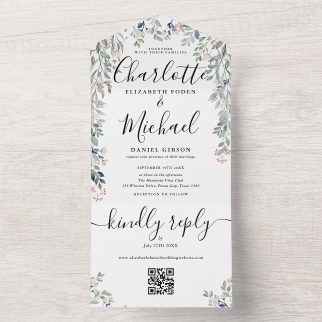 Floral Script Monogram QR Code Wedding  All In One Invitation (Inside)