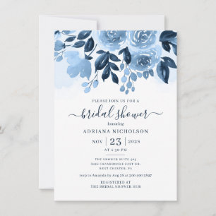 Floral Script Navy Blue Watercolor Bridal Shower Invitation