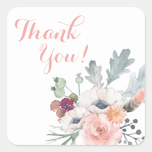 Floral Script Pink Elegant Peonies Roses Thank You Square Sticker