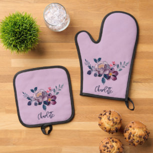 Floral Script Purple Bloom Personalized Oven Mitt & Pot Holder Set