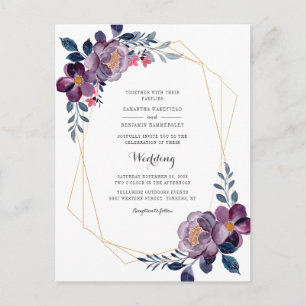 Floral Script Purple Geometric Wedding Invitation Postcard